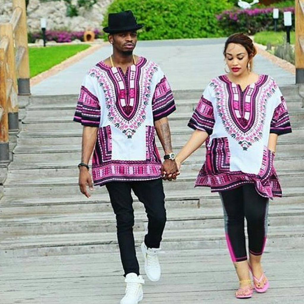 White and Pink African Dashiki Shirt DashikiKiss