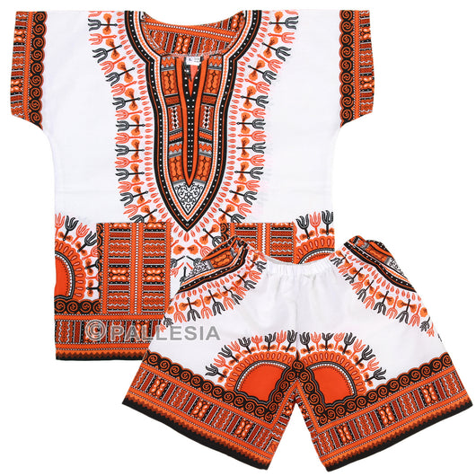 White and Orange Toddler Kids African Dashiki Set1