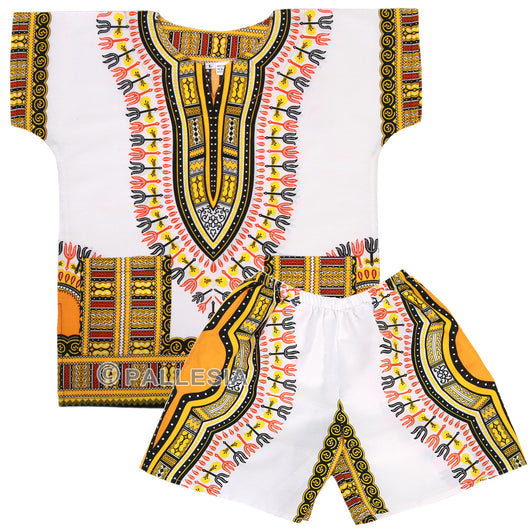 White and Yellow Toddler Kids African Dashiki Set2