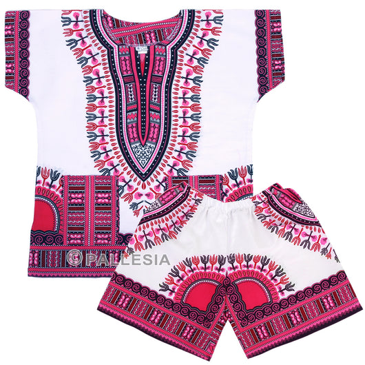 White and Pink Toddler Kids African Dashiki Set1