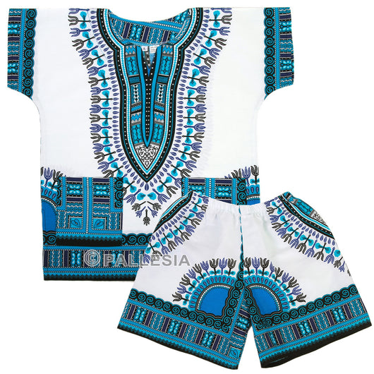 White and Light Blue Toddler Kids African Dashiki Set1