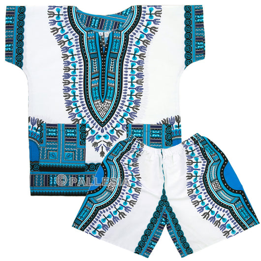 White and Light Blue Toddler Kids African Dashiki Set2