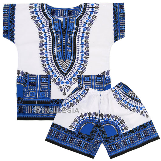 White and Blue Toddler Kids African Dashiki Set1