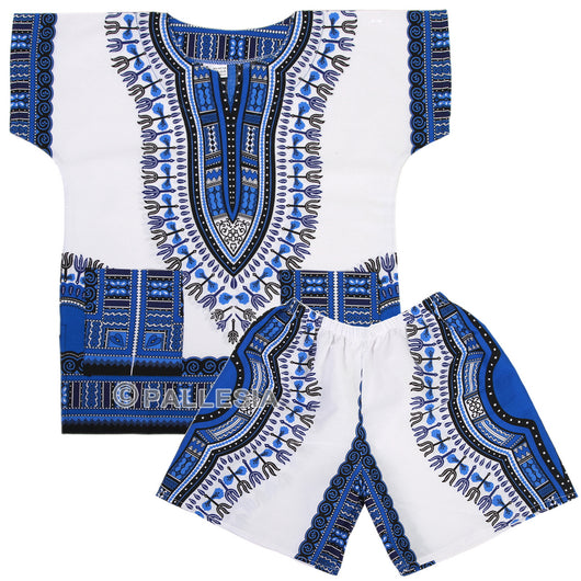 White and Blue Toddler Kids African Dashiki Set2