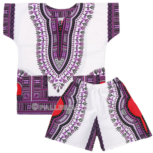 White and Purple Toddler Kids African Dashiki Set2