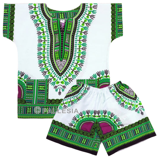 White and Green Toddler Kids African Dashiki Set1