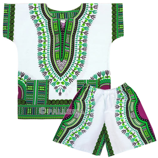 White and Green Toddler Kids African Dashiki Set2