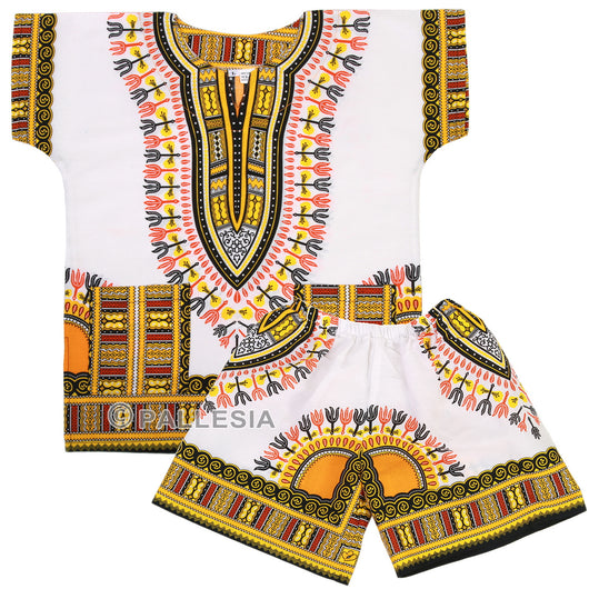 White and Yellow Toddler Kids African Dashiki Set1