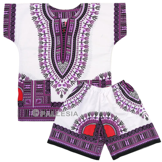 White and Purple Toddler Kids African Dashiki Set1