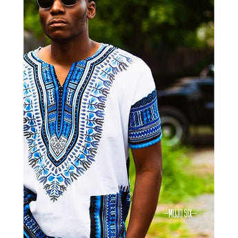 White and Blue Plus Size African Dashiki Shirt for Mens Womens